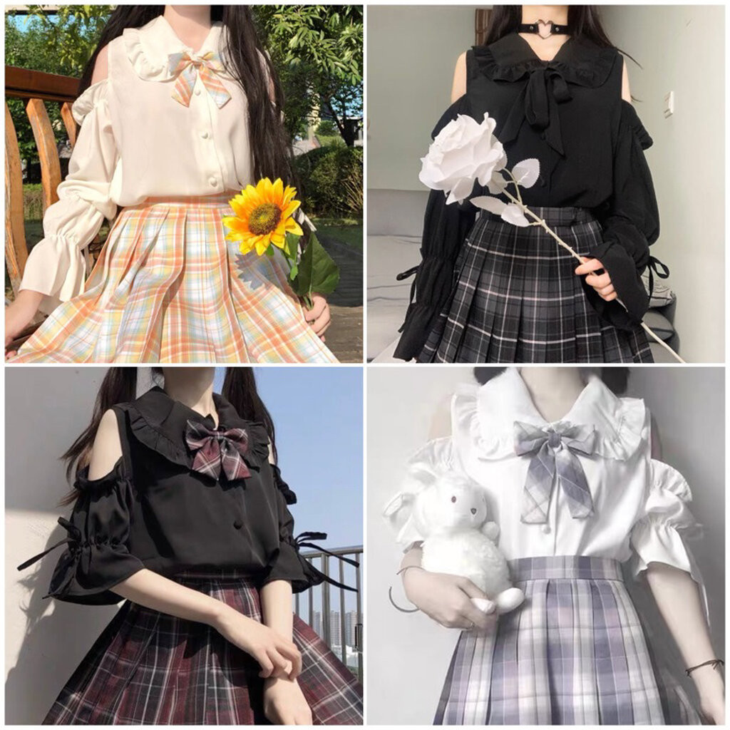 🐭พร้อมส่ง🐭 เสื้อJK เปิดไหล่ ยางยืด มีแต่ผูกโบว์แขน แขนตุ๊กตาน่ารัก ใส่เข้ากับกระโปรงJK คอบัวมีระบาย