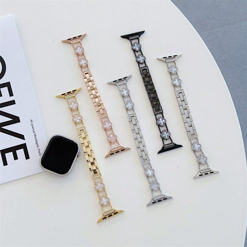 (10 สี) ชุดโคลเวอร์สี่ใบพร้อมสายเพชรสําหรับนาฬิกา Series 10 9 8 7 6 SE 5 4 3 2 1 Ultra2/Ultra สําหรับ I-Watch ขนาด 42/46/38/40/41/42/44/45/49 มม.อุปกรณ์เสริมสมาร์ทวอทช์