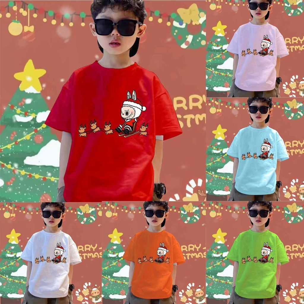 (จัดส่งตลอด 24 ชั่วโมง) Christmas Labubu Children's T-shirt คริสต์มาสเด็กน่ารักพิมพ์เสื้อยืดผ้าฝ้ายแท้สวมใส่สบาย