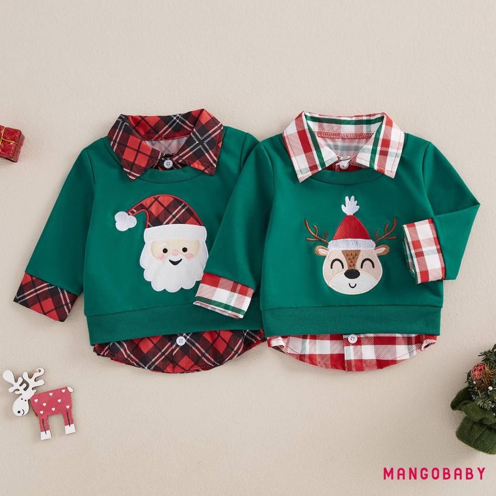 Mg-toddler Boys Christmas Sweatshirt Plaid Santa/Reindeer Long Sleeve Lapel Neck Casual Two Fake Piece Pullover