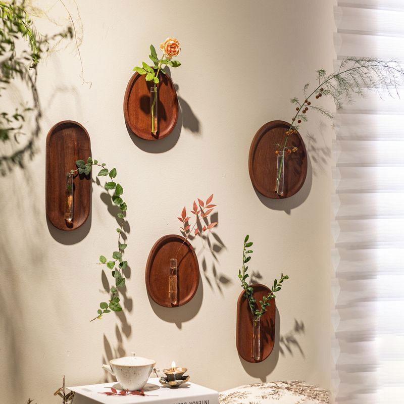 สไตล์จีนไม้เนื้อแข็งแขวนผนังแจกันดอกไม้แก้วสร้างสรรค์ติดผนัง ไฮโดรโปนิกส์ แจกันขนาดเล็กตกแต่งผนัง - รูปที่ 2