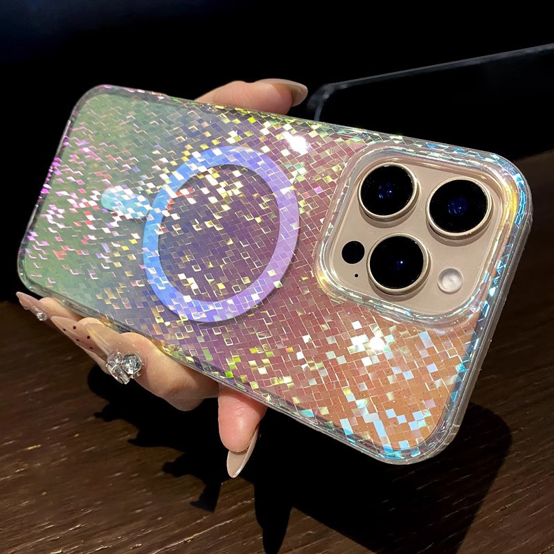 Luxury Glitter เลเซอร์สีสัน Dreamy Shell เคสโทรศัพท์สําหรับ IPhone 16 15 11 12 13 14 Pro Max 16 15 14 Plus Hard โปร่งใสพร้อมเคสโทรศัพท์แม่เหล็ก