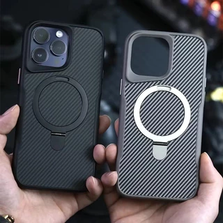 ลายคาร์บอนไฟเบอร์แบบแม่เหล็กเคส For iPhone 18 17 16 15 14 13 12 11 Pro Max เคสไอโฟน 17 Pro พร้อมที่ยึดเคสโทรศัพท์มือถือ
