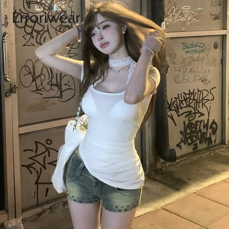 Erroriwear เสื ้ อยืดผู ้ หญิง 2024 ทุกการแข ่ งขันสีทึบลูกไม ้ Halter Causal Slim Fit แขนสั ้ นด ้ านบน