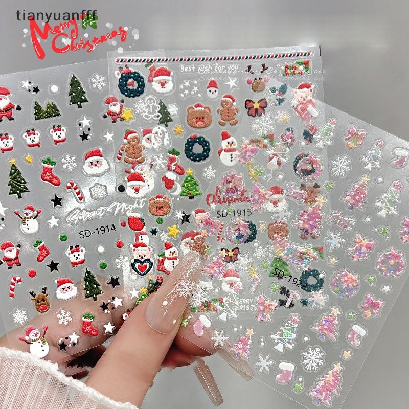 Tianyuanfff สติ๊กเกอร์ติดเล็บคริสต์มาส 3D บรรเทาฤดูหนาว Snowflake Bear สติ๊กเกอร์ติดเล็บสําหรับผู้หญิงและผู้ชาย Santa Claus สติ๊กเกอร์ติดเล็บ Art Decorstion ดี