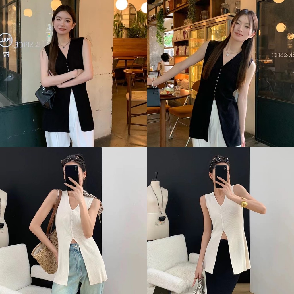 Bonnie เสื้อกล้ามไหมพรม คอวี แขนกุด น่ารักคิคุ ผ้าร่องเล็กใส่ง่าย ใส่สบาย สไตล์ลำลอง#41091