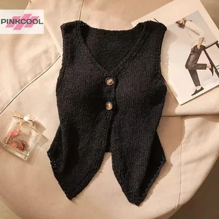 Pinkcool ฤดูร้อนผู้หญิงแฟชั่นสีทึบปุ่มเก๋คอวีแขนกุดถัก Camisole HOT