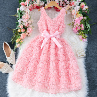 2026เด็กสาวเสื้อผ้าชุดแขนยาวผ้ากอซสีชมพูกุหลาบเข็มขัดฤดูใบไม…