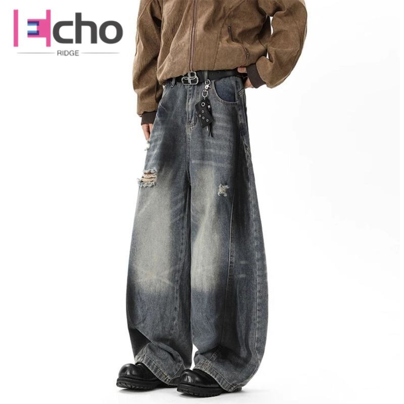 Echo Ridge กางเกงยีนส์ผู้ชาย American Retro Loose Hole Splash-Ink Design Micro-Pull Matchet Pants