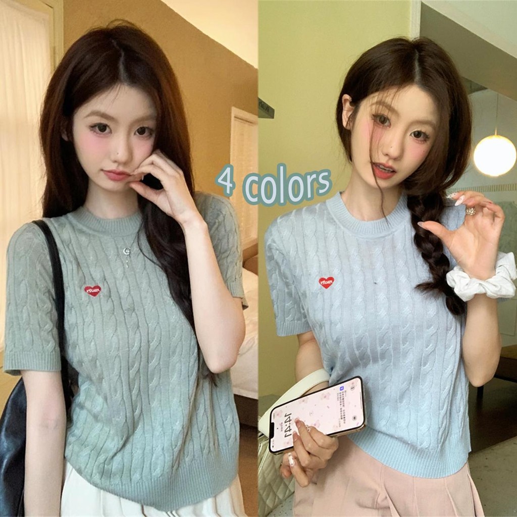 Chili Koko เสื้อถักแขนสั้นลายปักหัวใจสำหรับผู้หญิง เสื้อยืดคอกลมแขนสั้นรับซัมเมอร์ D628