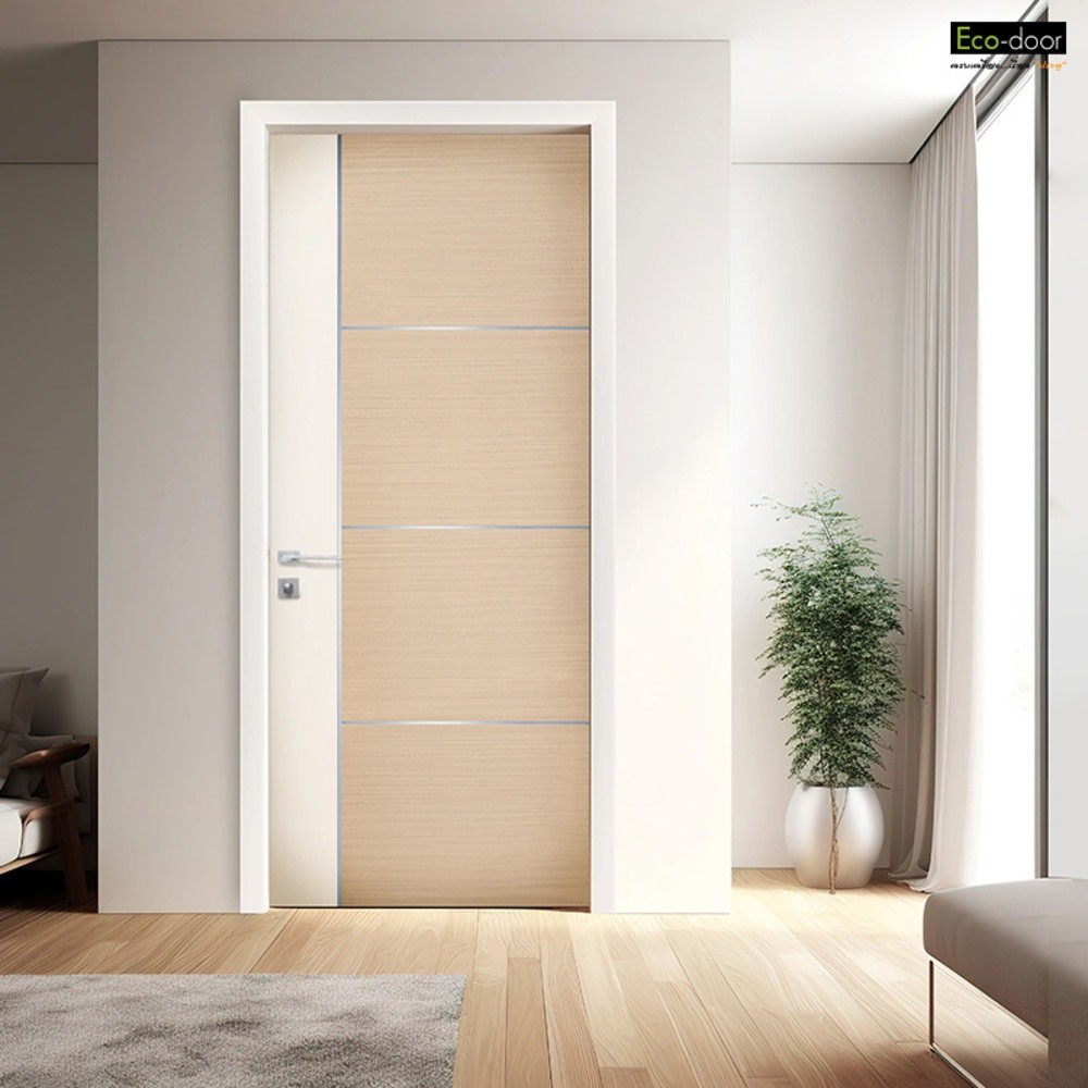 GlobalHouse ECO-DOOR ประตูไม้ WPC รุ่น WP4 ภายใน ขนาด 80x200 ซม. สีไอเวอรี่ทีค (ไม่เจาะลูกบิด) สินค้าของแท้คุณภาพดี