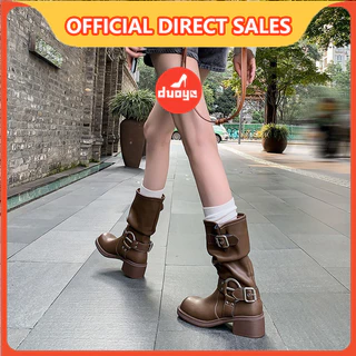 Duoya Factory รองเท้าบูทมาร์ติน ทรงตรง แต่งหัวเข็มขัด สไตล์ตะวันตก สําหรับผู้หญิง ส่งฟรี