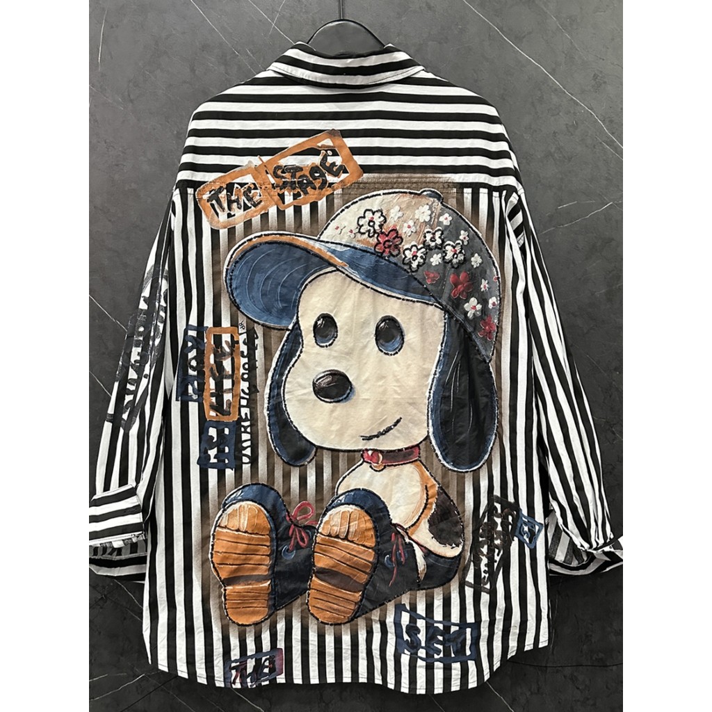 ขนาดใหญ่พิเศษขนาด 150 กก.2025 ฤดูใบไม้ผลิฤดูร้อนอุตสาหกรรมหนักการ์ตูนใหม่ Snoopy สีดําสีขาวลายผู้หญิงแฟชั่นเสื้อแขนยาว