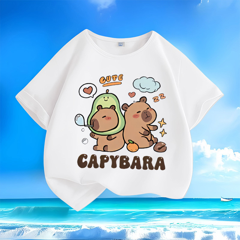 คาปิบารา เสื้อยืดแขนสั้นฤดูร้อนใหม่สำหรับเด็ก คอกลม หลวม ใช้งานได้หลากหลาย