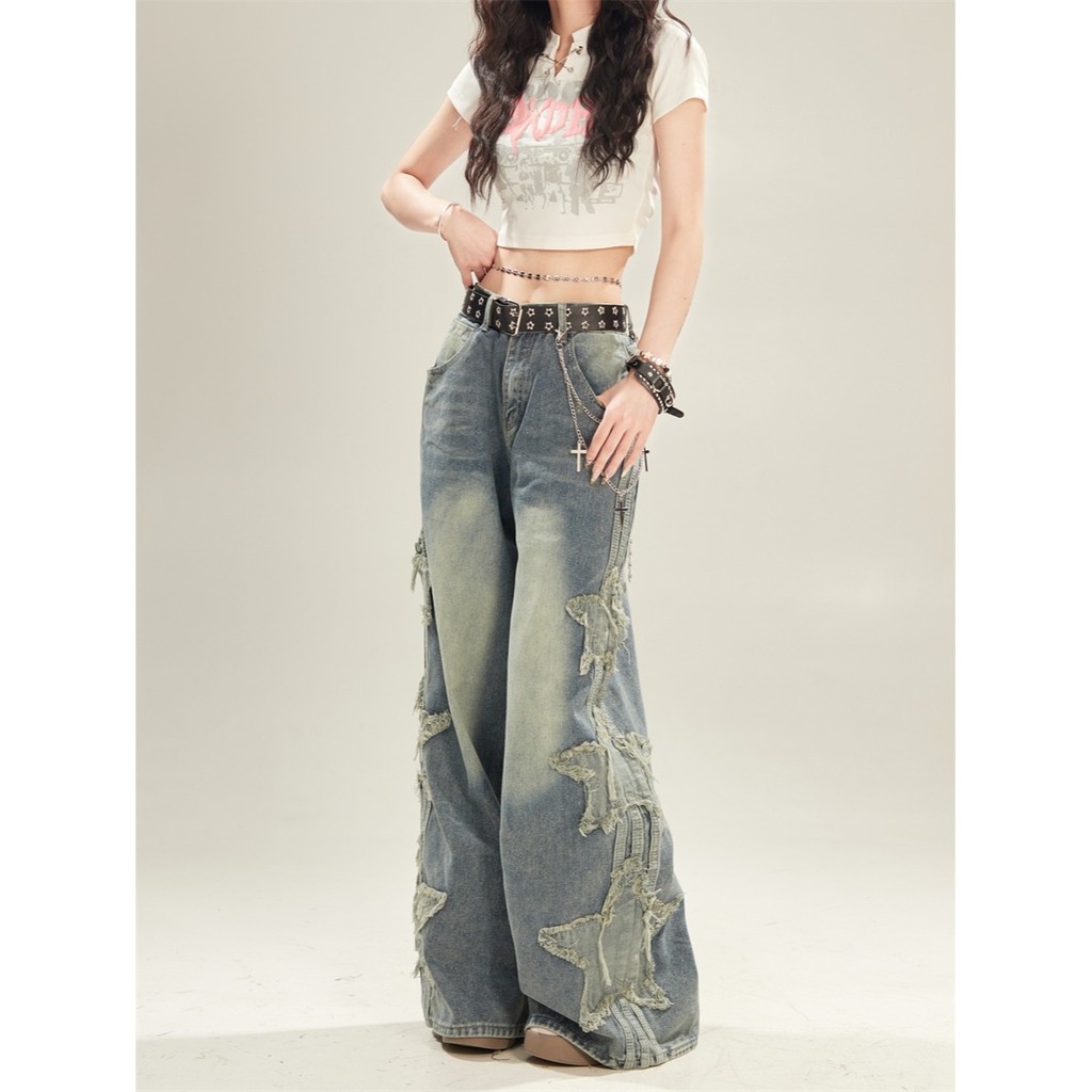 ลายดาวห้าแฉกกางเกงยีนส์อเมริกันกางเกงขาตรงผู้หญิงหลวมย้อนยุคกางเกงยีนส์ขากว้างผู้ชาย