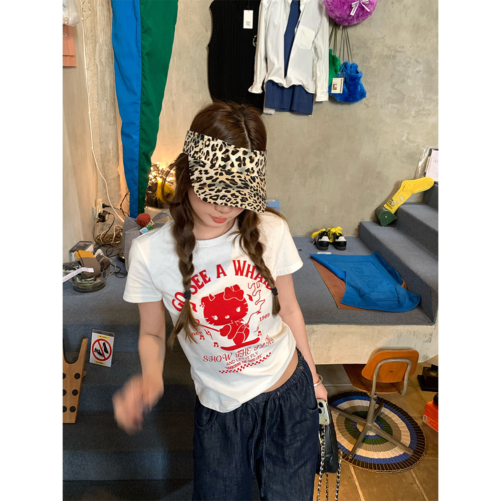 (จัดส่งตลอด 24 ชั่วโมง）Angle Official ตลกแปลกพิมพ์สั้นแขนสั้นด้านบนผู้หญิงฤดูร้อนรอบคอเสื้อยืด