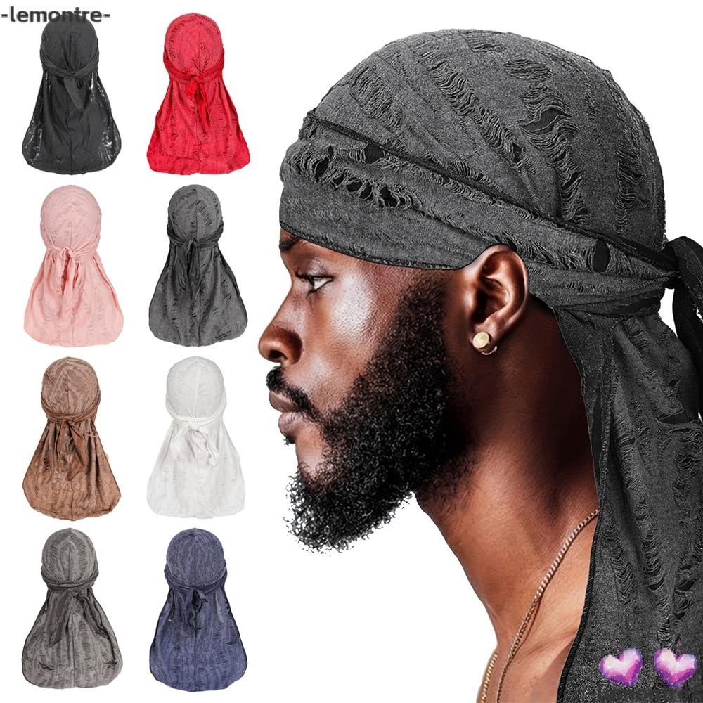 LEMONTRE หมวกคาดศีรษะ, ผ้าโพกหัวฮิปฮอปวินเทจหางยาว, หมวกโจรสลัด Durag ผ้าฝ้ายลําลอง