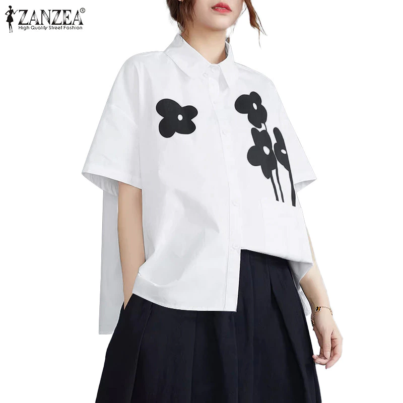 ZANZEA ใส่ ซานเซีย ผู้หญิงเกาหลีลําลองปกวางไหล่แขนสั้นเสื้อพิมพ์ลายดอกไม้