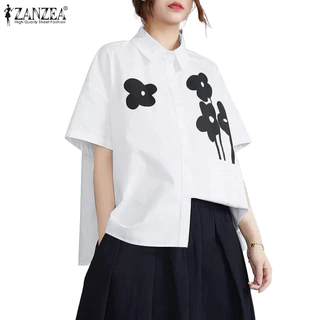ZANZEA ใส่ ซานเซีย ผู้หญิงเกาหลีลําลองปกวางไหล่แขนสั้นเสื้อพิมพ์ลายดอกไม้