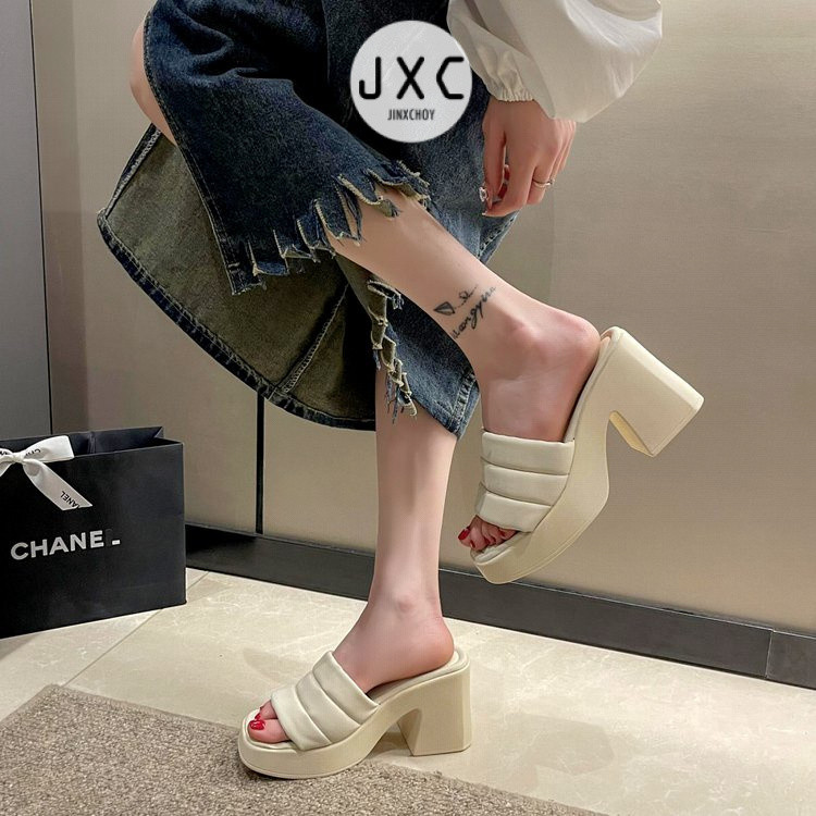 รองเท้าแตะ หนัง Pu ส้นกลาง ทรงสี่เหลี่ยม สีพื้น แบบเรียบง่าย สไตล์เกาหลี สําหรับผู้หญิง ราคา ถูกที่สุด ดีลบีเคเค แกลเลอรีภาพที่ 7