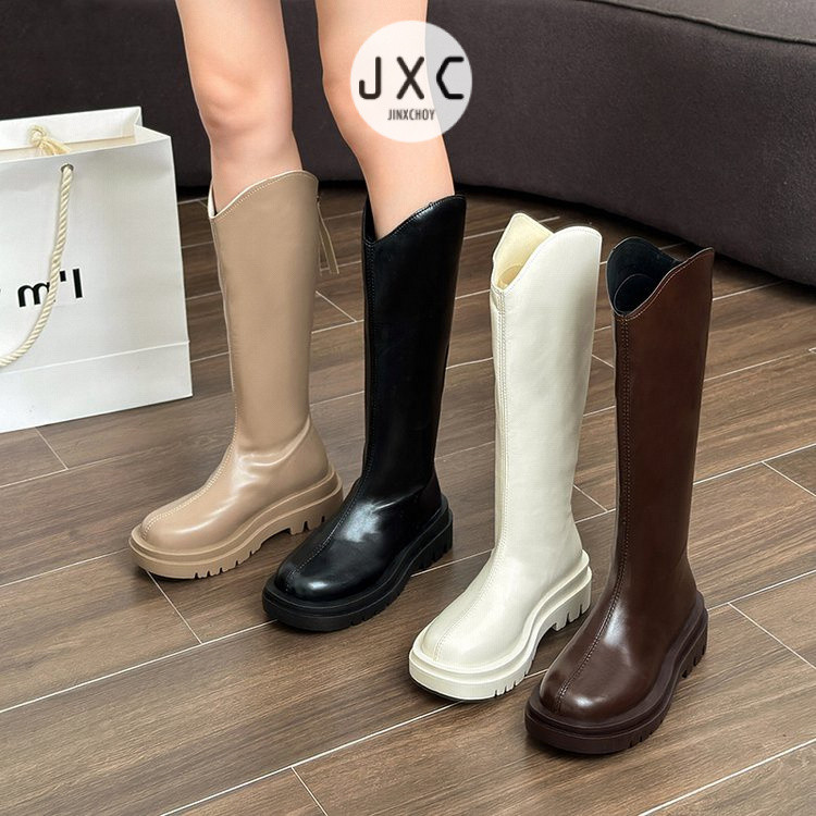 รองเท้าบูทส้นสูง หนัง PUV หัวกลม แต่งซิปด้านหลัง แบบเรียบง่าย แฟชั่นฤดูหนาว สไตล