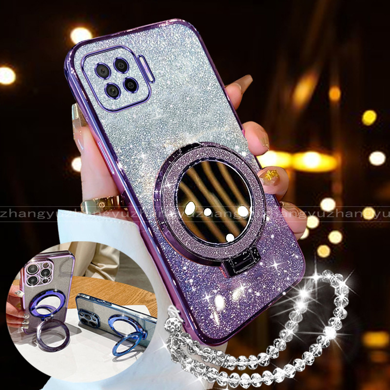 กันกระแทกcase สําหรับ OPPO A73 A93 4G F17 PRO Reno 4F เคสโทรศัพท์ 3D ผู้ถือกระจกแต่งหน้ากระดาษแวววาวใหม่สายรัดข้อมือ softcase SF01
