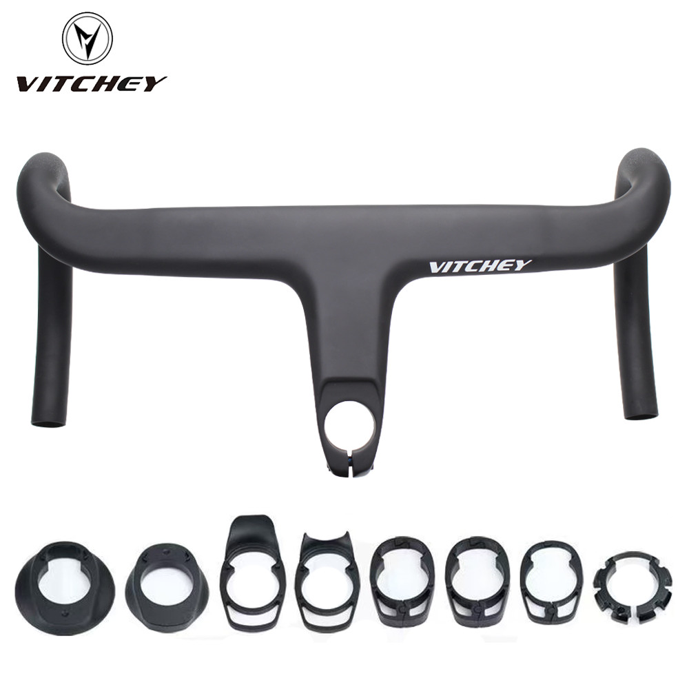 Vitchey คาร์บอนเต็มแฮนด์จักรยานแบบบูรณาการแฮนด์พร้อมก้านสายภายในรูติ้ง 28.6 x 360-440 มม. ชิ้นส่วนขี่จักรยาน