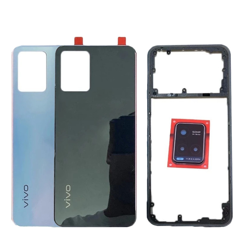 ฝาหลังสําหรับ Vivo Y21s Y21t Y33s Y33t ฝาครอบแบตเตอรี่ + กรอบกลางด้านหลังประตูกรณีพร้อมเลนส์กล้อง + ปุ่มด้านข้าง
