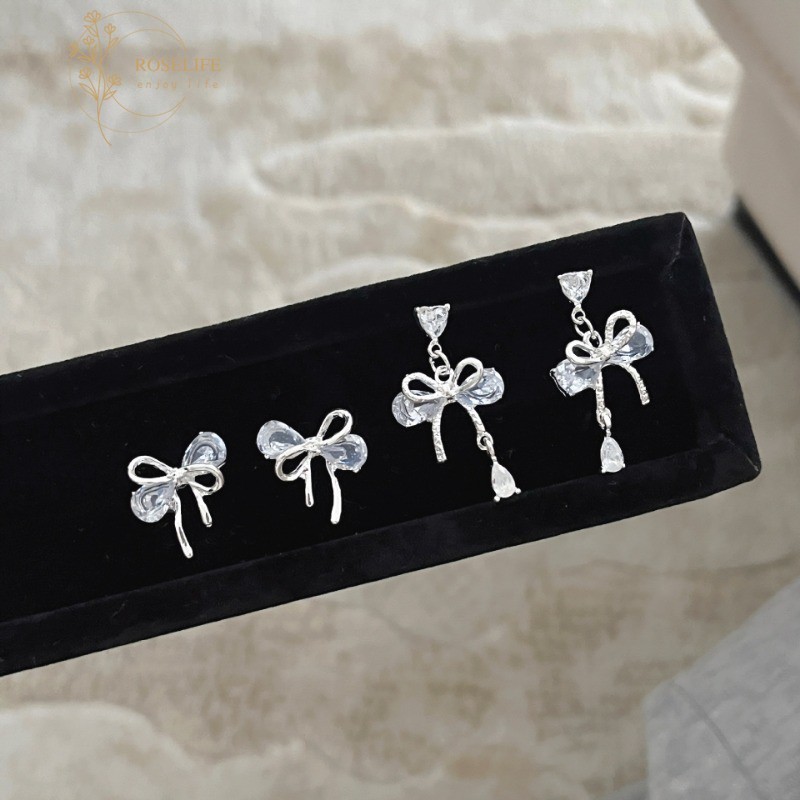 Roselife หรูหรา S925 เงินคริสตัล Rhinestone Bow Drop ต่างหูสําหรับผู้หญิงสาวห้อย Bowknot หูเครื่องประดับ