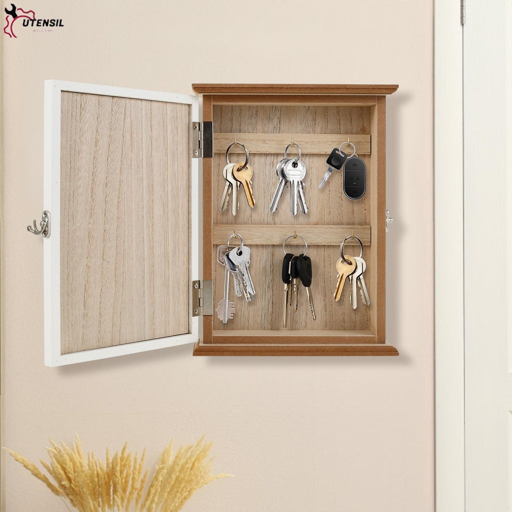 ผู้ถือกุญแจสําหรับผนังไม้กล่องกุญแจ Wall Mount ตกแต่ง Wall Key แขวน 6 ตะขอ Key Organizer สําหรับ Home SHOPSBC8731