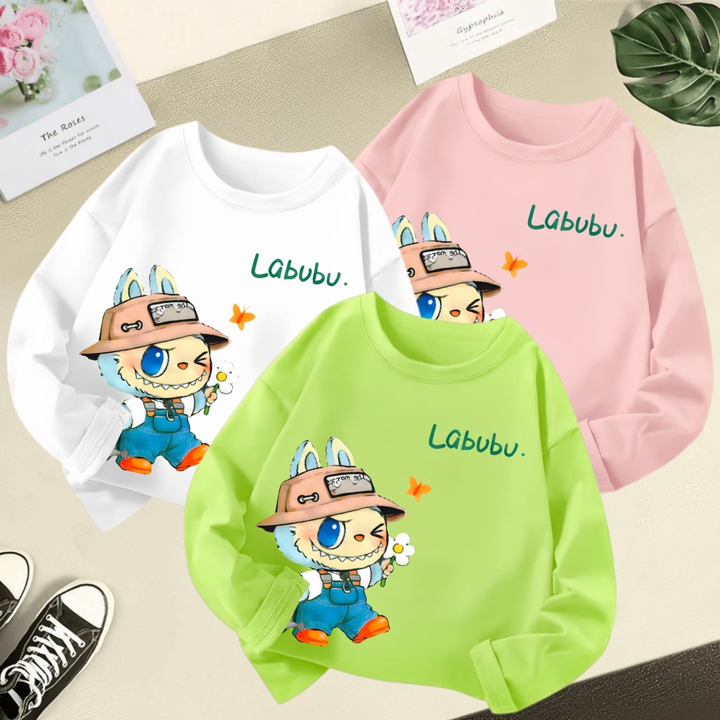 3-12y น่ารัก Labubu เด็กชายและเด็กหญิงเสื้อยืดแขนยาวหลวมทุกการแข่งขันรอบคอเด็กท็อปส์สีที่บริสุทธิ์เด็ก Baju-t