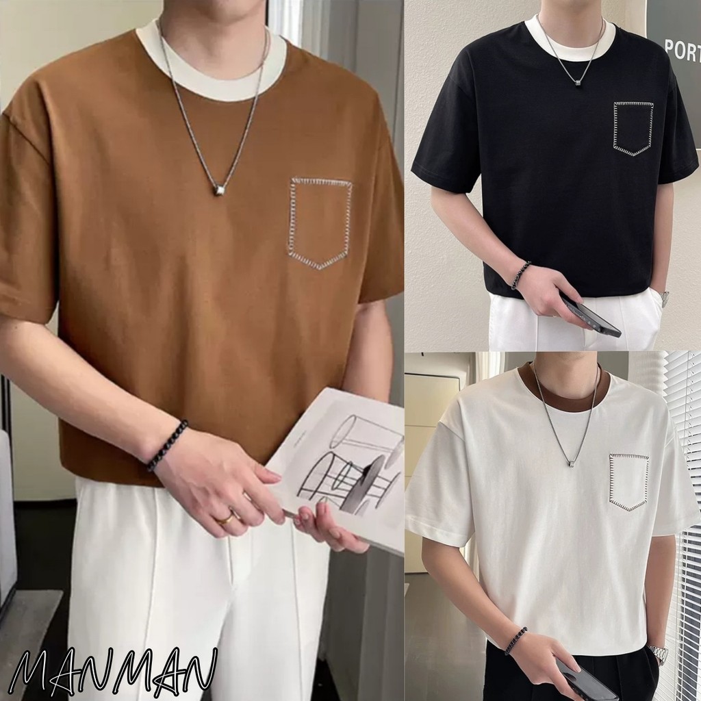 MANMAN เสื้อยืดผู้ชาย สีผสม ชุดคู่รัก คอกลมแขนสั้น เสื้อผู้หญิง ลำลอง สไตล์อเมริกัน เรียบง่าย