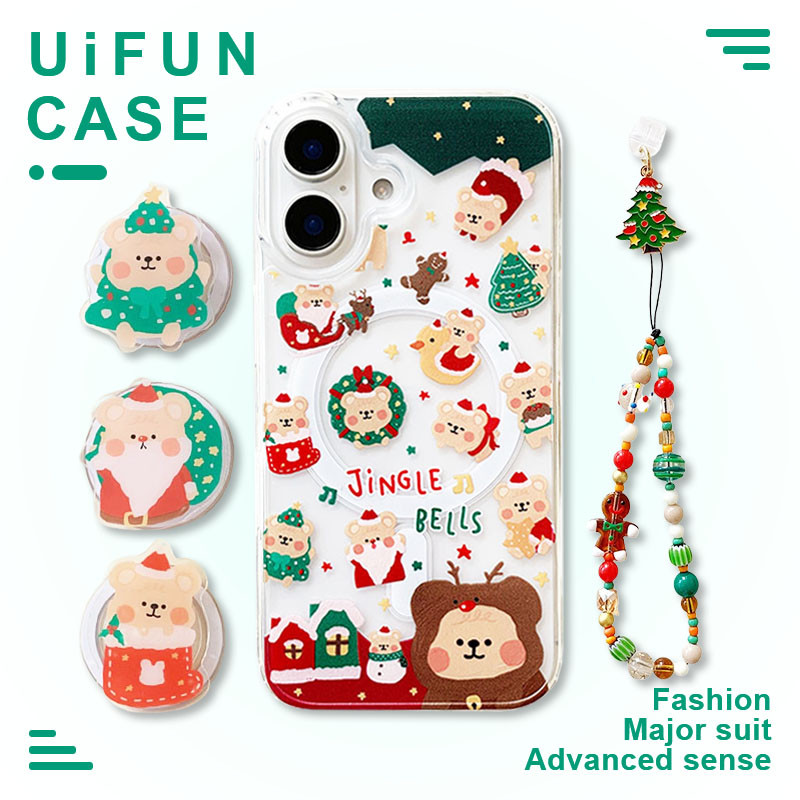 การ์ตูนคริสต์มาสกวางหมีขาตั้งไร้สายชาร์จแม่เหล็กเคสโทรศัพท์เข้ากันได้สําหรับ ไอโฟน 16 15 14 บวก 13 12 มือโปร สูงสุด 11 กับต้นคริสต์มาสโซ่กันกระแทกปลอกอ