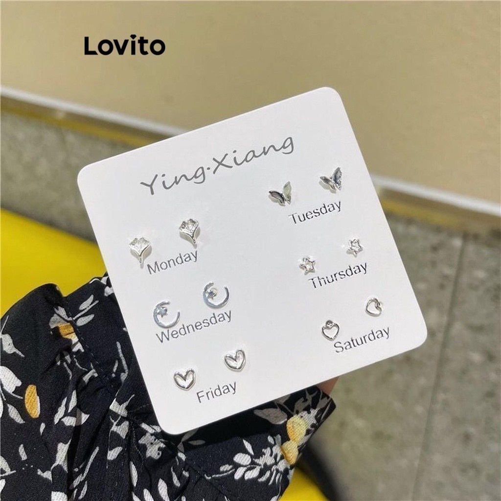 Lovito ต่างหูผู้หญิง S925 สีพื้น สไตล์ลำลอง 6 คู่ LFA13115