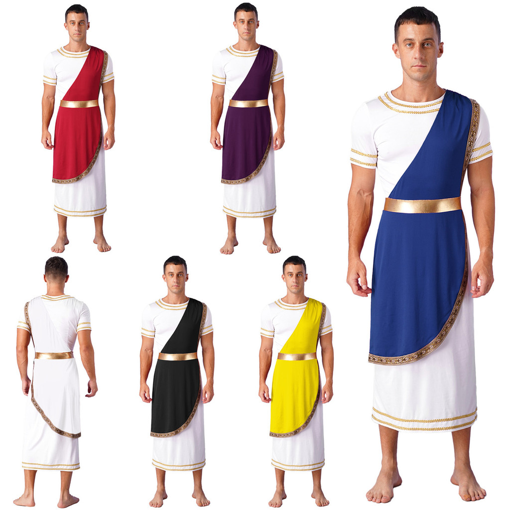 ผู้ชายฮาโลวีนโบราณกรีก Toga แต่งตัวแขนสั้น Retro Roman Robe ชุดคอสเพลย์