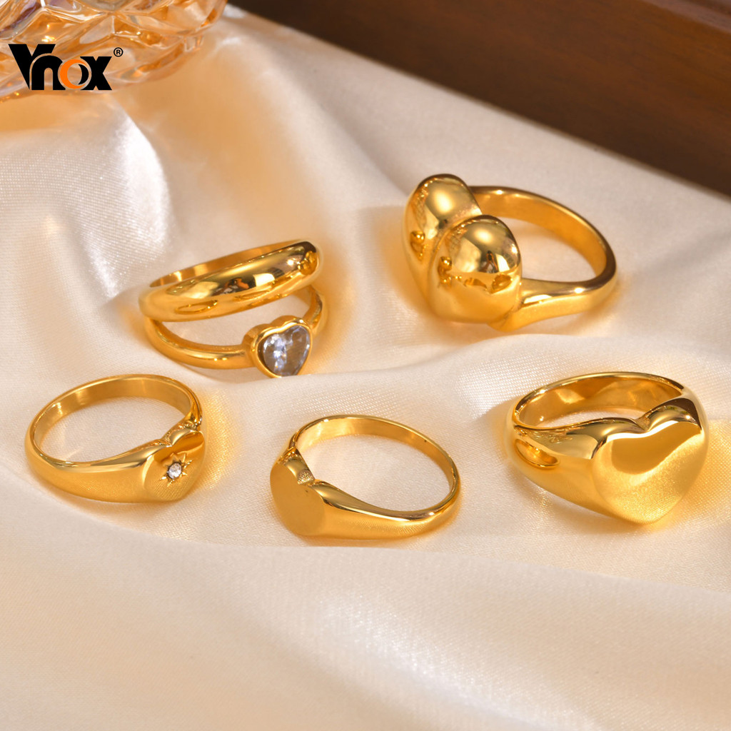 Vnox Heart Zircon แหวนทองสําหรับสาว,18K Gold Stianless แหวนเหล็ก,Chunky Chunky Puffy Non Tarnish แหวน