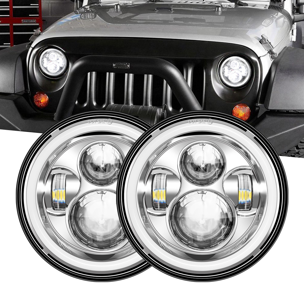 Y7 "ไฟหน้า LED กลมสีขาว drl/amber สัญญาณไฟเลี้ยวสำหรับ Hummer H1 H2 H3 LED โปรเจคเตอร์ DRL 7นิ้วไฟหน