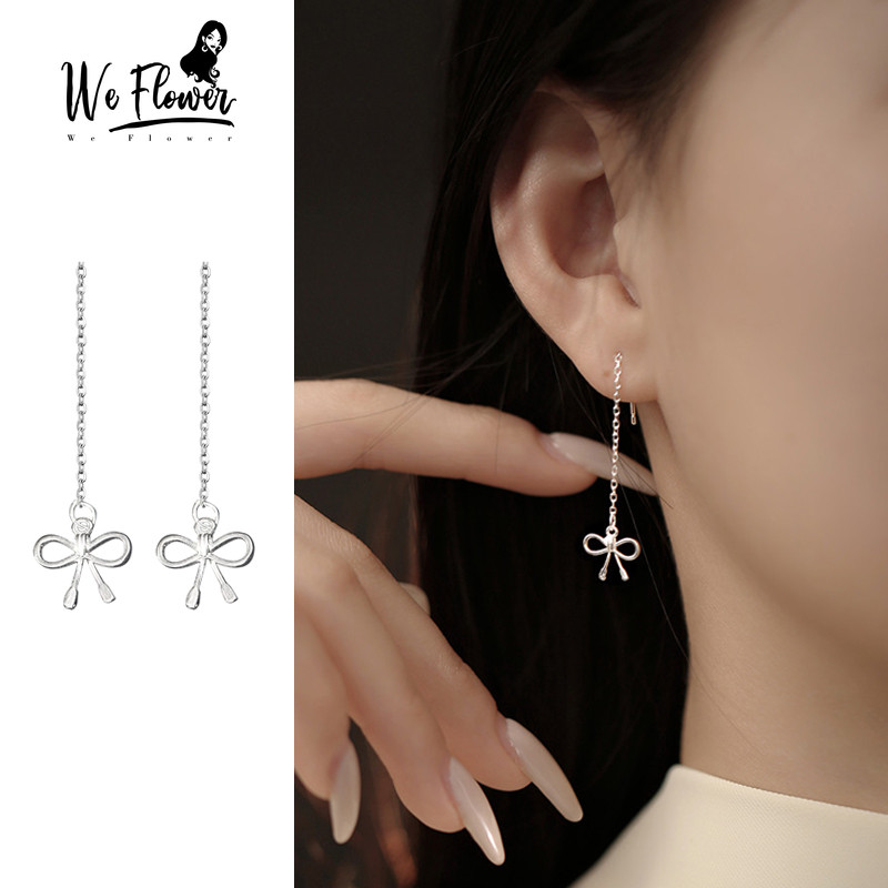 เราดอกไม้โรแมนติก s925 เงินยาวโบว์ต่างหูห้อยสําหรับผู้หญิงสาวแฟชั่น Bowknot Ear Line Drop ต่างหูเครื่องประดับ