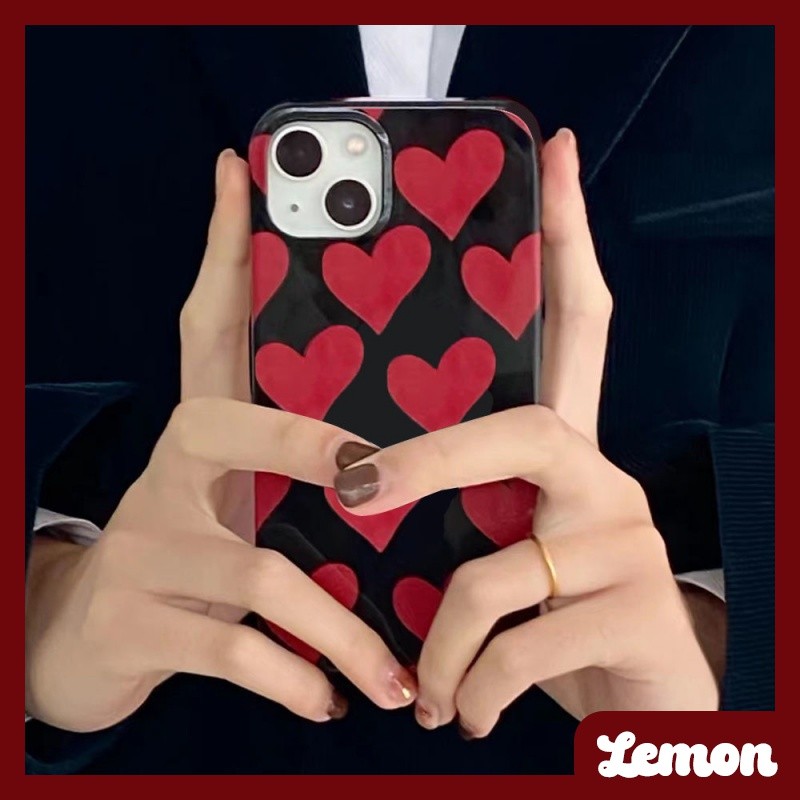 [Lemon] เคสโทรศัพท์มือถือนิ่ม ลายหัวใจ สีดําวาว สไตล์เรโทร สําหรับ Iphone 14 14pro 14plus 14promax 7 8 7plus 8plus 11 12 X XS XR XSMAX 11pro 12pro 111promax 12promax 13 13promax
