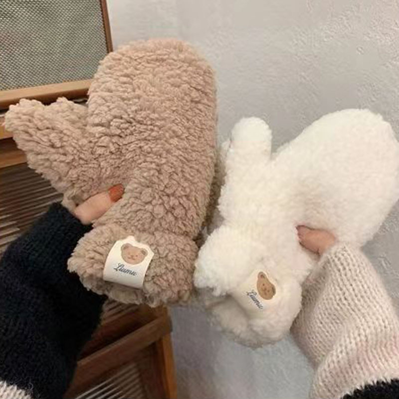 Lambhair Plush ถุงมือผู้หญิงหญิงฤดูหนาวน่ารักหมีขนสัตว์ถุงมือ Soft Thicken Full Finger ขี่ Mittens Keep Warm