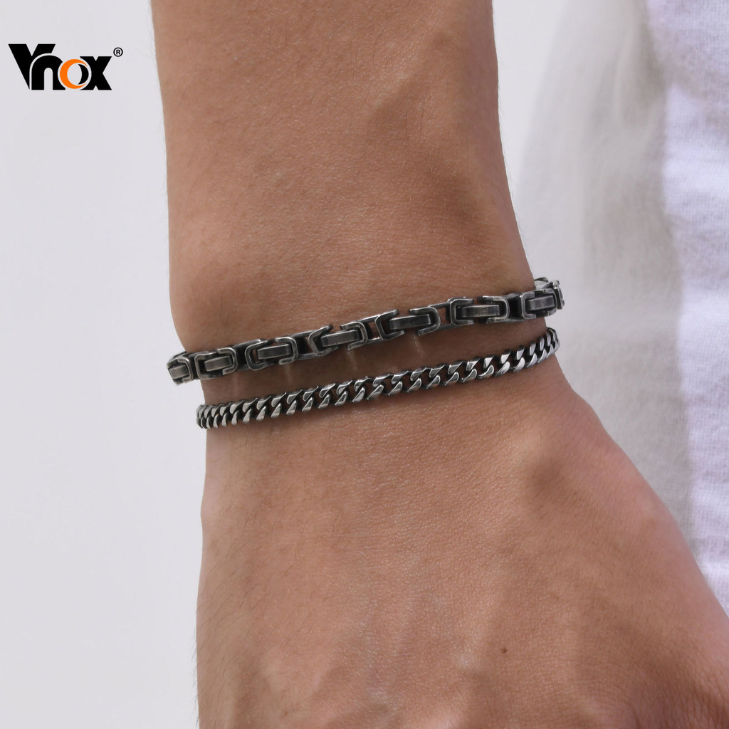 Vnox Retro สีเทาคู่ชุดสร้อยข้อมือสําหรับชาย, Punk Hiphop Stackable สร้อยข้อมือกล่อง Cuban Link Chain Collection