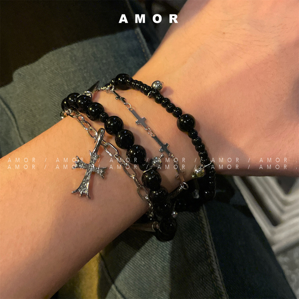 สร้อยข้อมือ unisex ไขว้ลูกปัดหลายชั้น สไตล์คู่รักฮิปฮอป