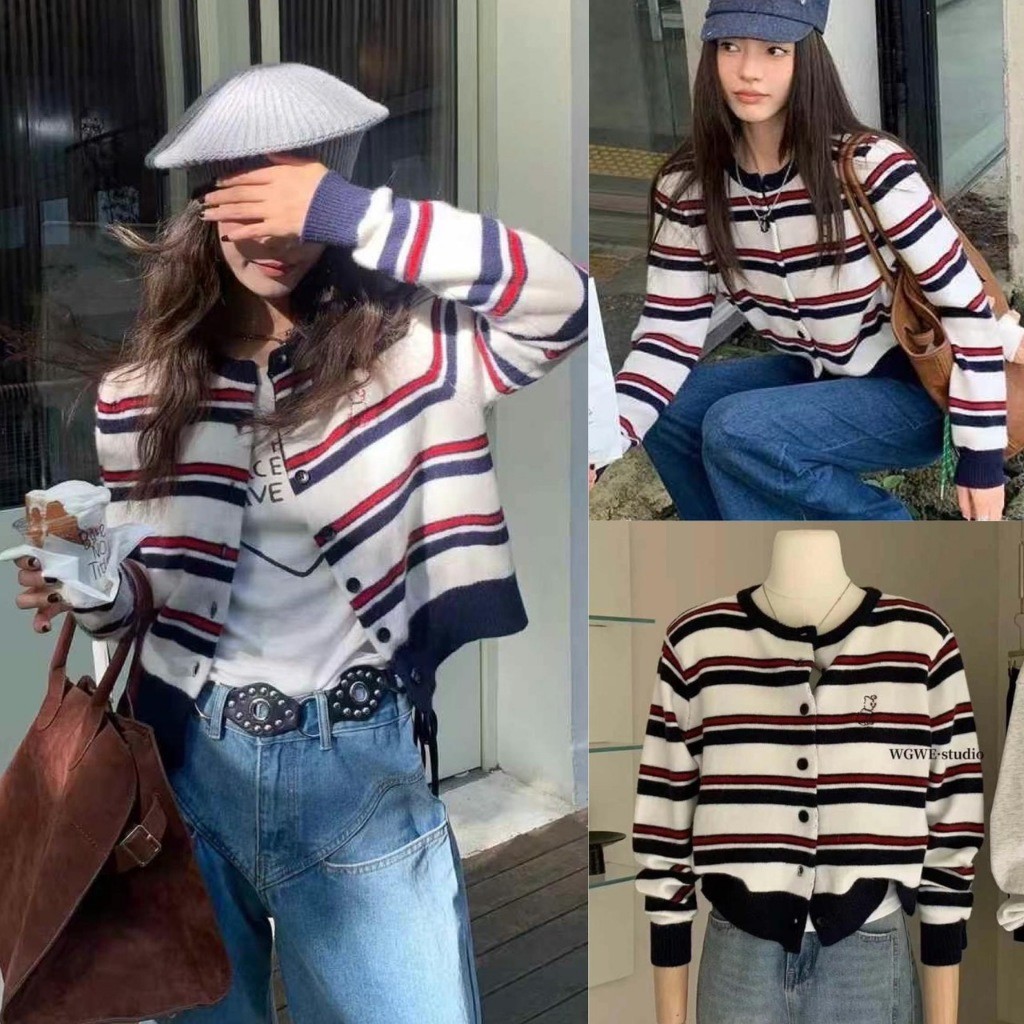 เสื้อแขนยาว ทรงคาร์ดิแกน ทอสลับสี ช่วงอกปักโลโก้ ผ้าดีมาก ทรงเกาหลี ทรงน่ารัก แฟชั่นเกาหลี TAG WG.WE