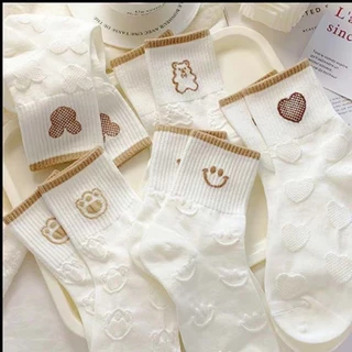 พร้อมส่ง : ถุงเท้า ข้อกลาง ขาวขอบบราวน์ 5 คู่ ลายมินิมอล แฟชั่น ลายน่ารักเนื้อผ้านุ่ม