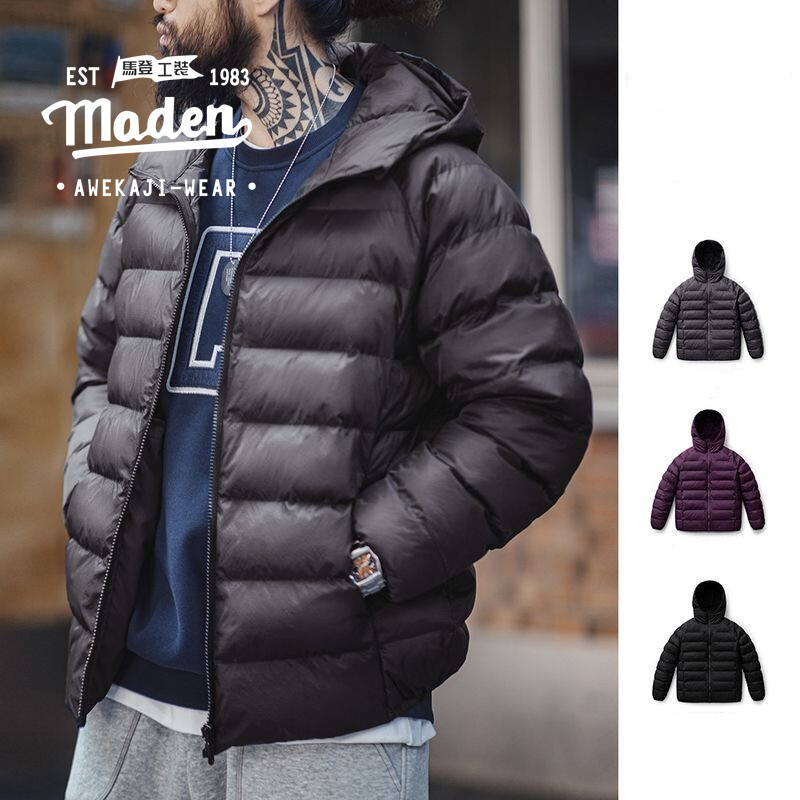 Maden ยี่ห้อ workwear สไตล์ชายหนุ่ม minimalist 2024 ฤดูหนาวใหม่อเมริกันสบายๆน้ําหนักเบากันน้ําผ้านวมแจ็คเก็ตผ้าฝ้าย warm hooded basic cotton jacket