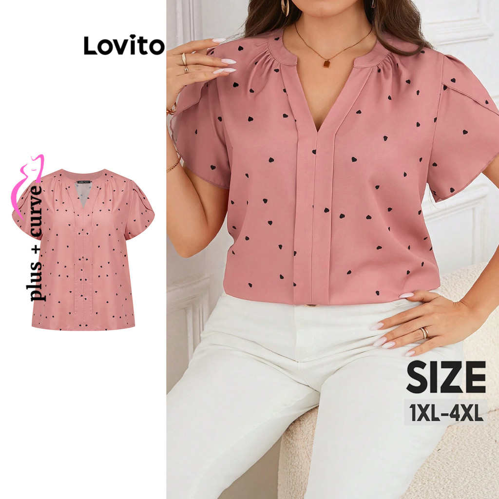 Lovito เสื้อเบลาส์ทรงหัวใจหรูหราไซส์ใหญ่สำหรับผู้หญิง LBL18288