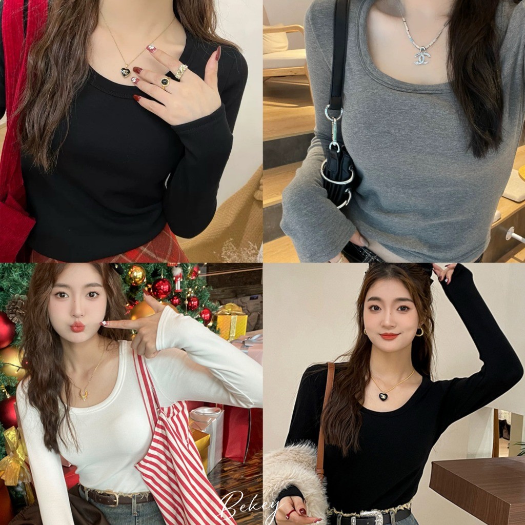 (พร้อมส่งจากกรุงเทพ )เสื้อแขนยาวคอยูของใหม่เสื้อยืดสีทึบแฟชั่นทรงเข้ารูปหรูหรา L042
