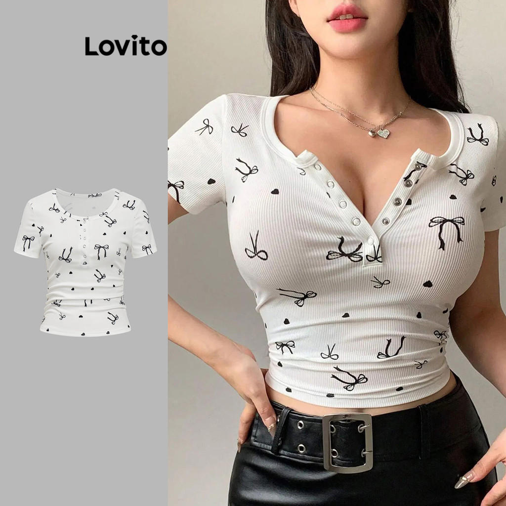 Lovito เสื้อยืดลายผีเสื้อติดกระดุมสำหรับผู้หญิง L108ED848