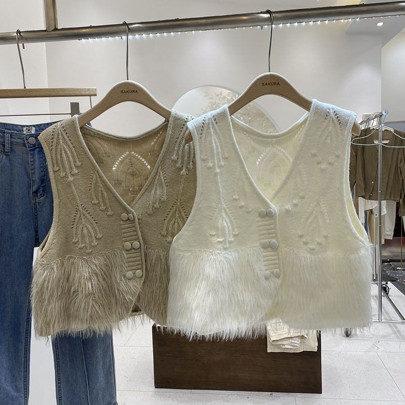 Fringe Hair V คอสั้นถักเสื้อกั๊กผู้หญิงใหม่เกาหลีรุ่นฤดูใบไม้ร่วงฤดูหนาว Overlopping เสื้อกั๊กฤดูหนาว