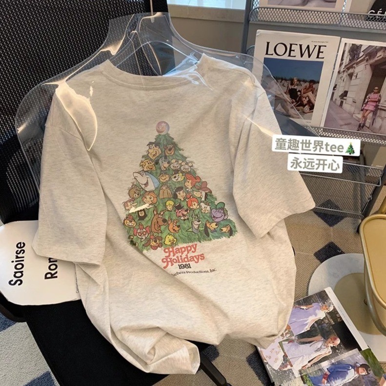 พร้อมส่งจากกรุงเทพ christmas เสื้อยืดผ้าฝ้ายลายการ์ตูนแขนสั้นสไตล์คริสต์มาสสวมใส่สบายเสื้อเชิ้ตลำลองต้นคริสต์มาสoversize